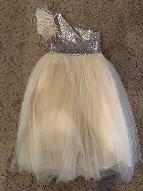 Sparkling Sequin & Tulle One-Shoulder Kids Dress in Gold and Champagne